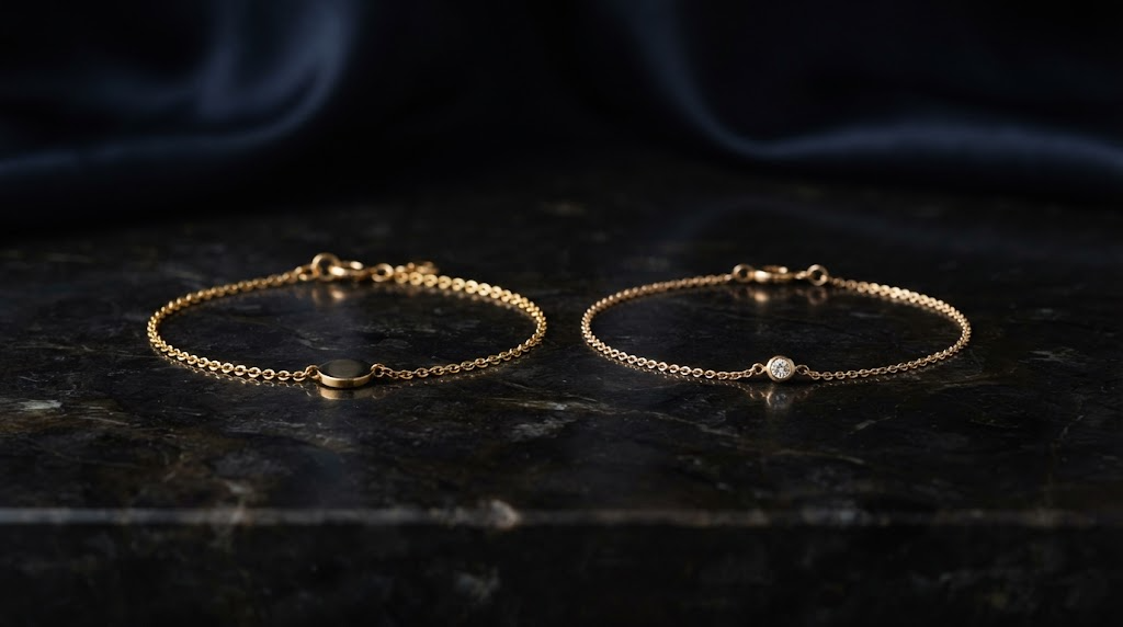Two fine gold bracelets side by side showing different gold tones