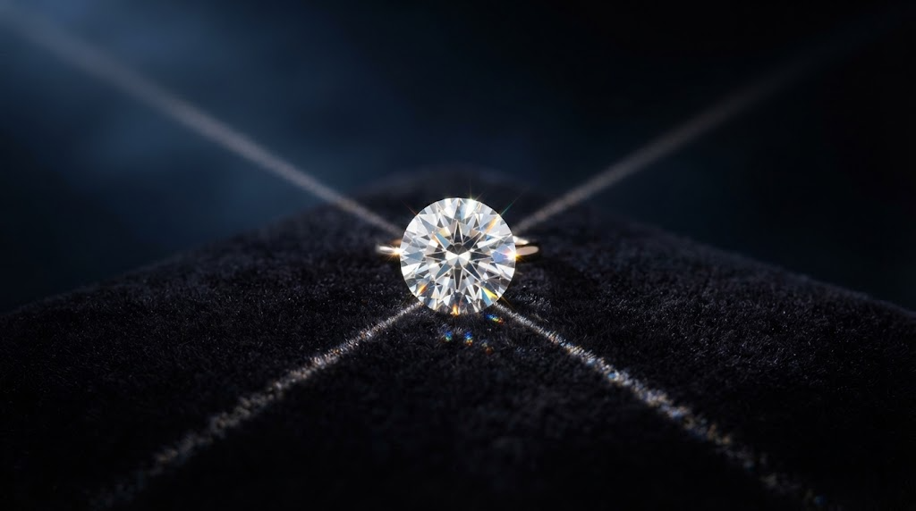 A brilliant diamond on black velvet with beams of light converging on it