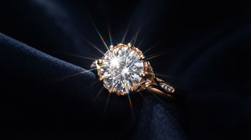 A diamond ring throwing sharp points of light against a dark ground