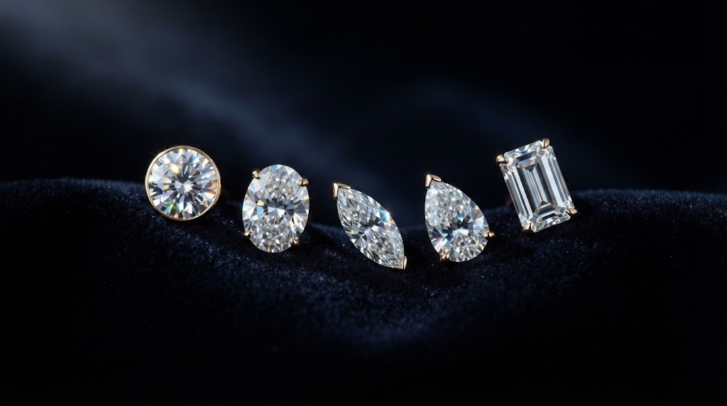 Five diamond shapes arranged on black velvet