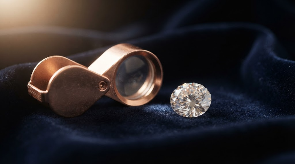 A jeweller's loupe beside a loose diamond
