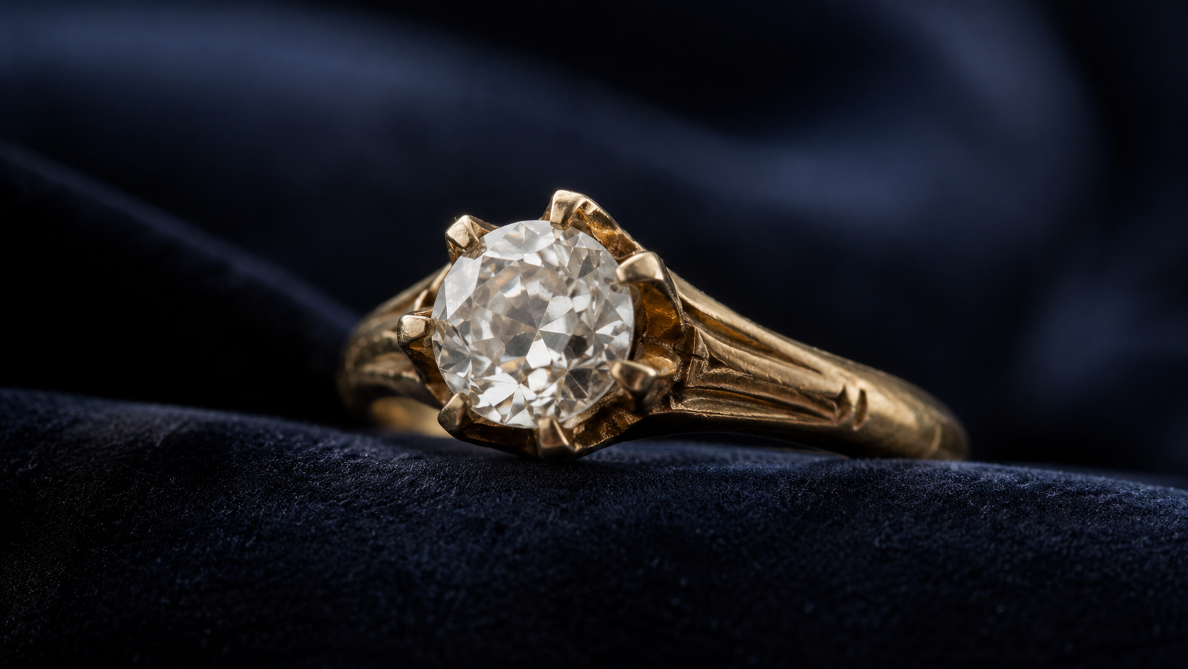 An antique round diamond with a small flat facet visible at its base, set in a worn yellow gold mount on a piece of aged velvet
