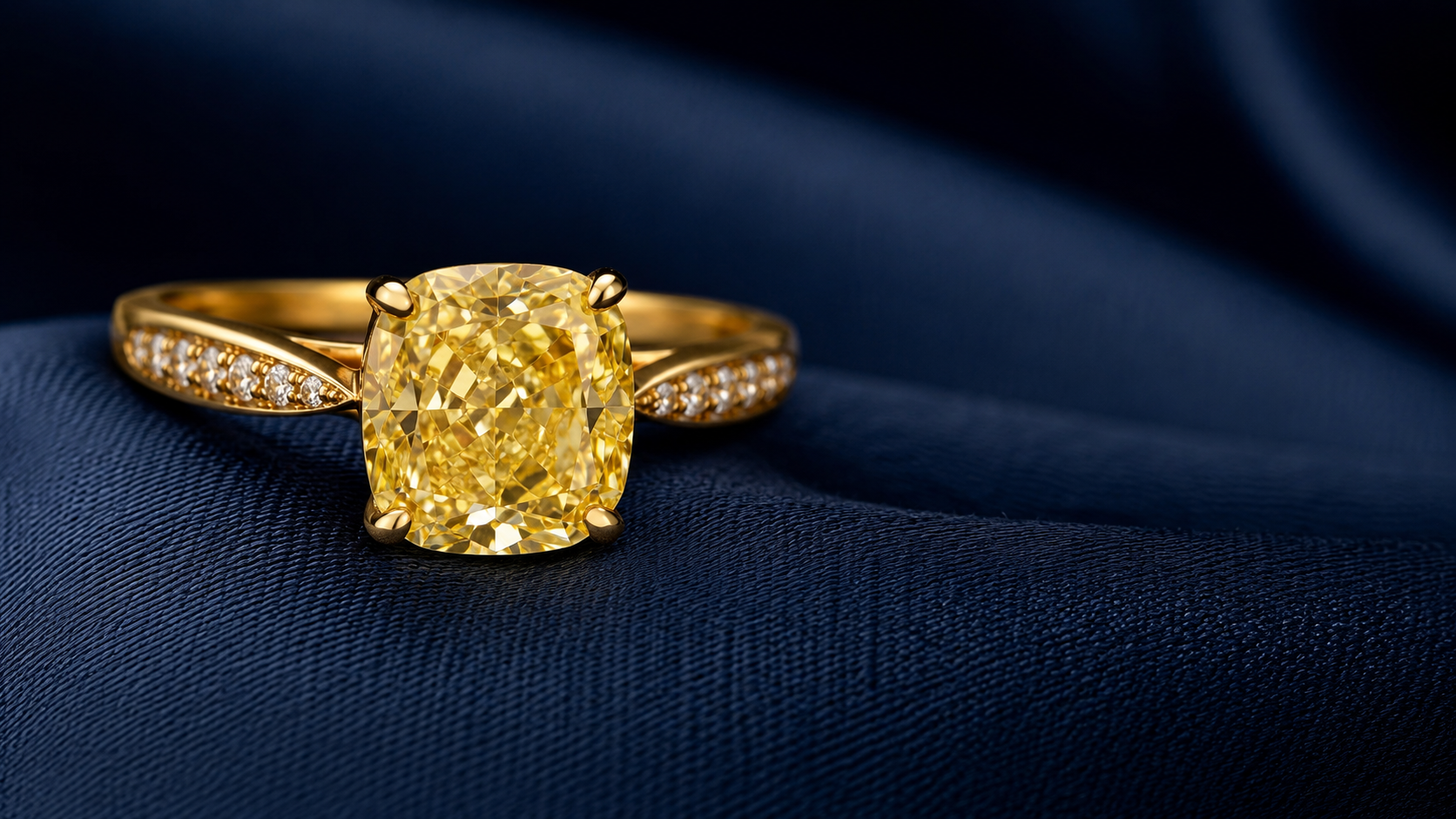 A warm yellow cushion-cut diamond in a yellow gold setting resting on linen
