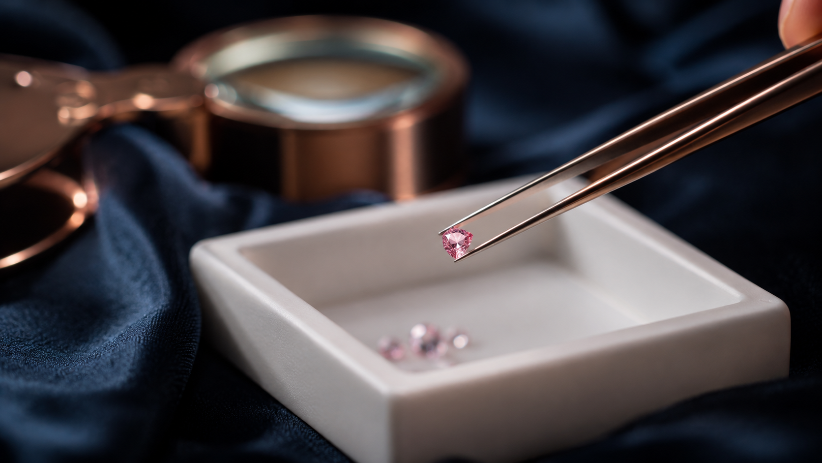 A small pink diamond held in tweezers above a white grading tray