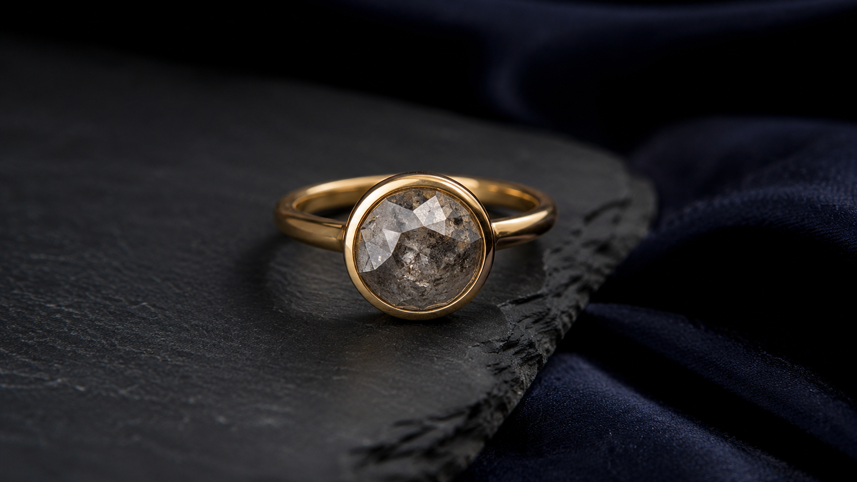 A grey speckled rose-cut diamond in a simple bezel ring on dark slate