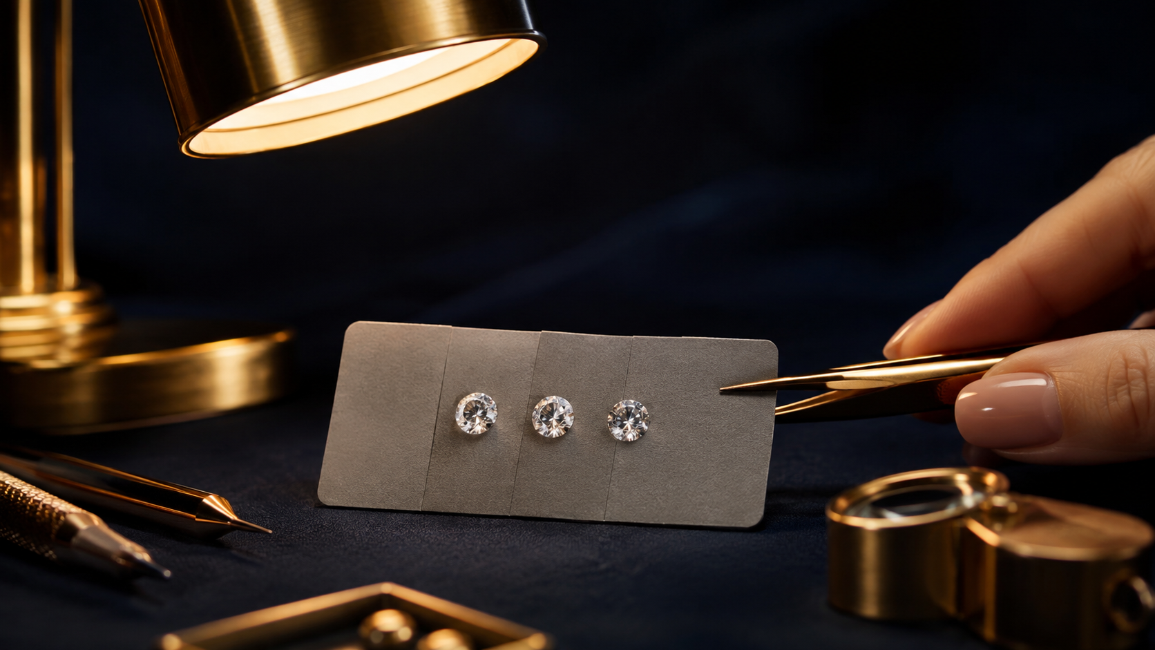 Three colourless round stones side by side on a grey grading card under a lamp