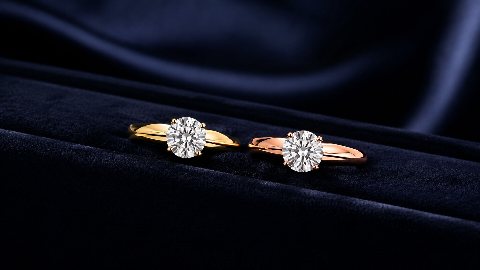 Two colourless round stones in matching solitaire settings on a dark velvet tray