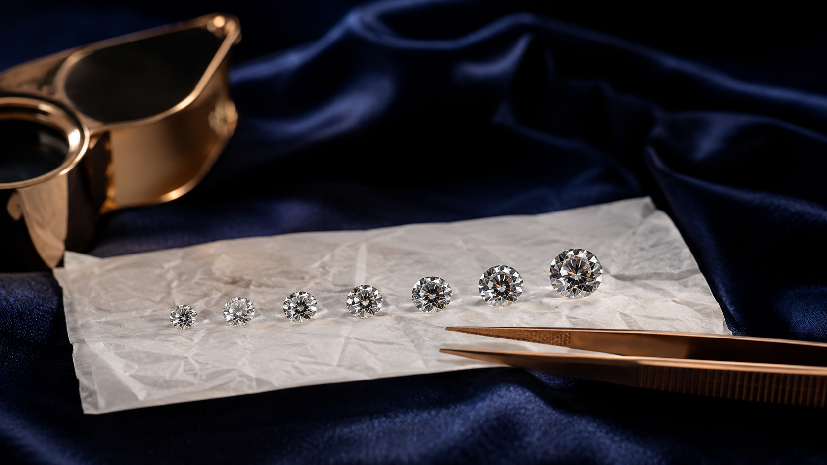 A row of loose colourless diamonds on a white parcel paper beside a jeweller's tweezers