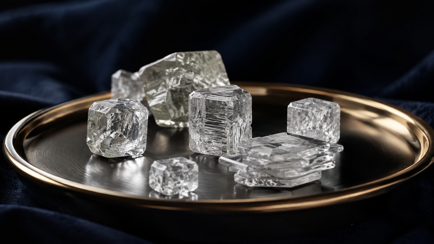 Several rough lab-grown diamond crystals of cubic and plate shapes on a steel tray