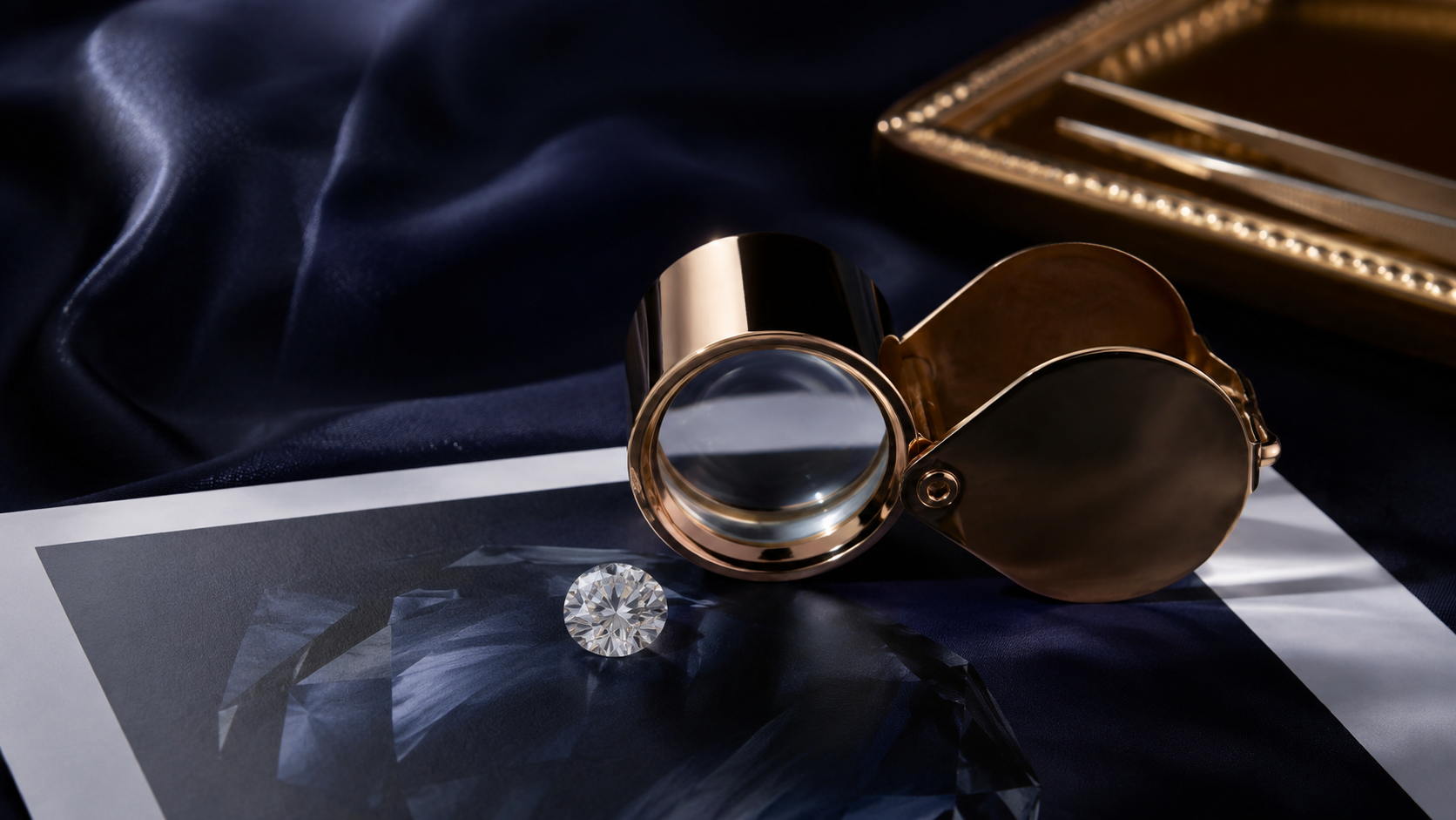 A loose round stone on a printed page beneath a jeweller's loupe