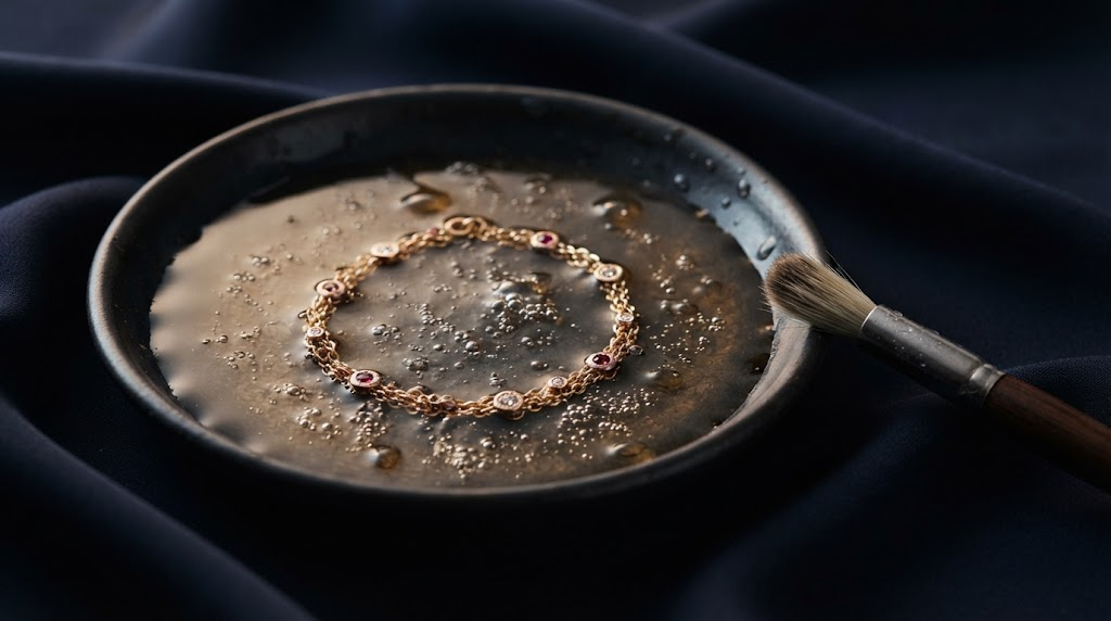 A gold bracelet in a dish of warm water with a soft brush