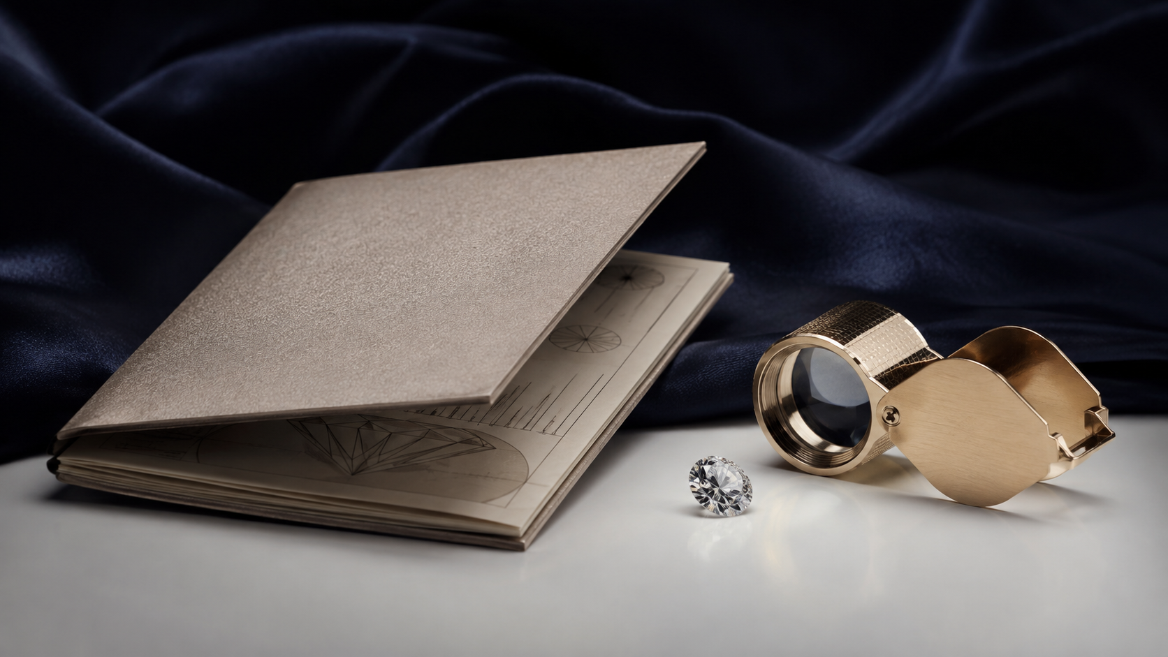 A folded diamond grading report beside a loose diamond and a loupe on a white desk