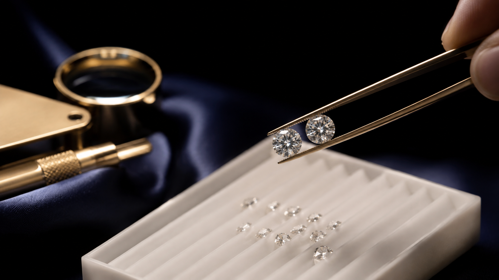 Two identical round diamonds in tweezers held above a white sorting tray