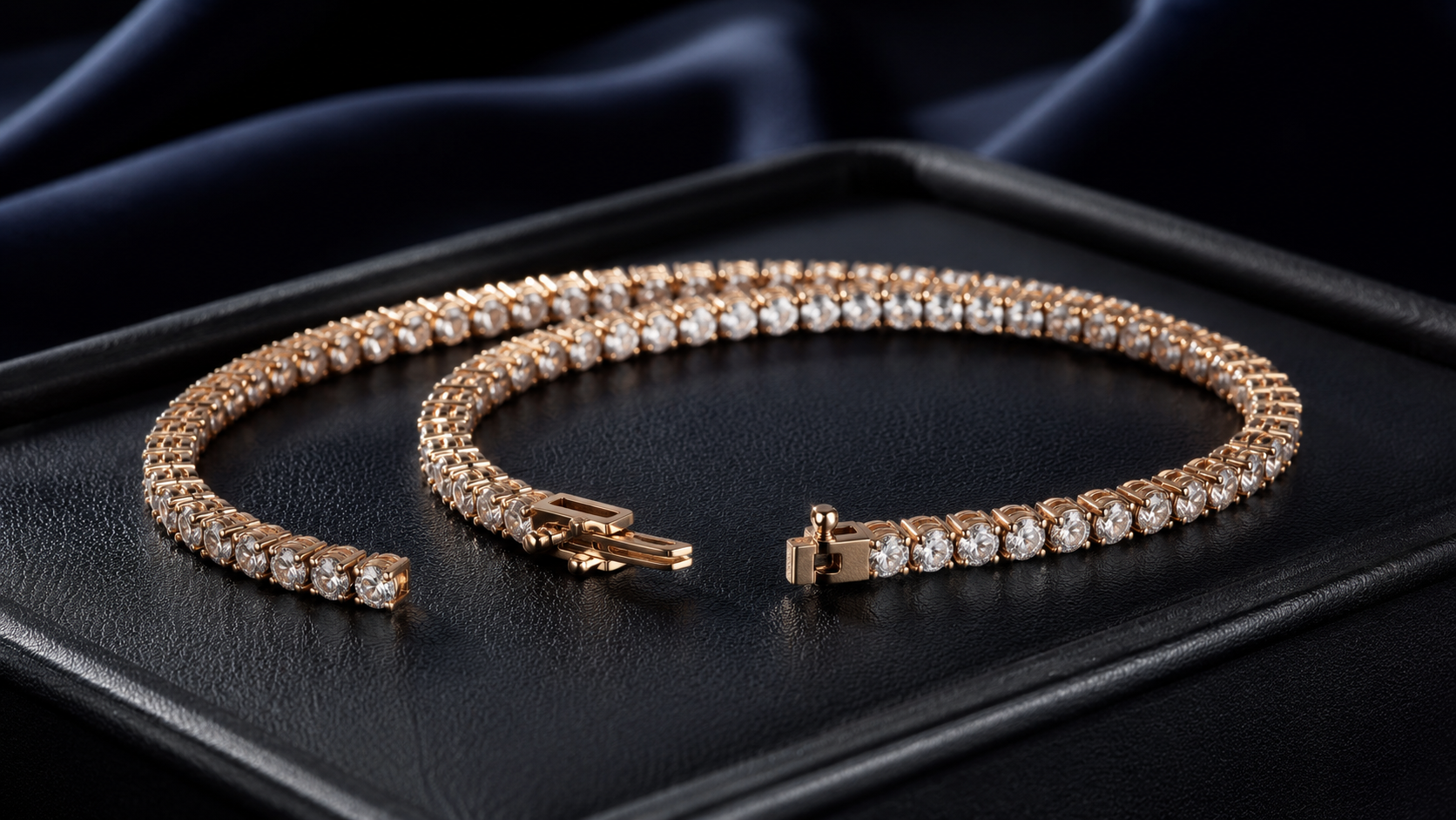 A diamond line bracelet coiled on a dark leather tray with its clasp open
