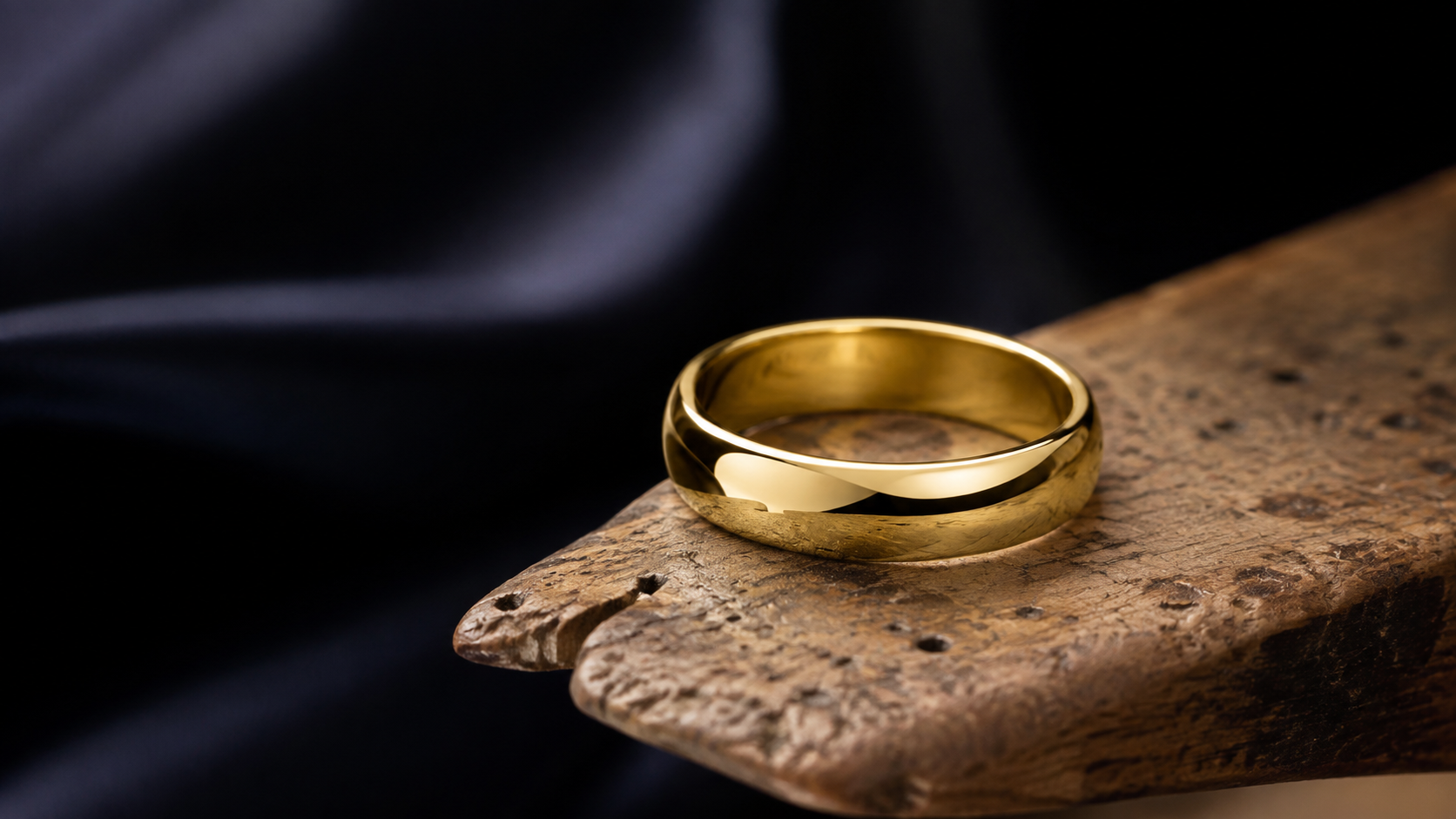 A polished 18k gold ring shank stamped 750 resting on a jeweller's bench peg