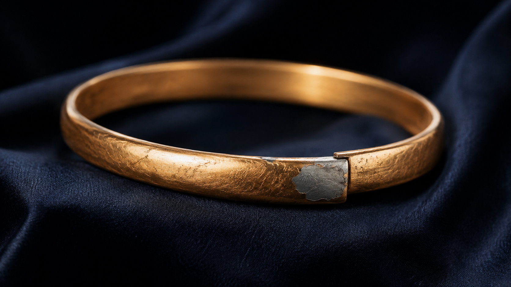 A worn gold-coloured bangle showing a patch of grey base metal at the edge