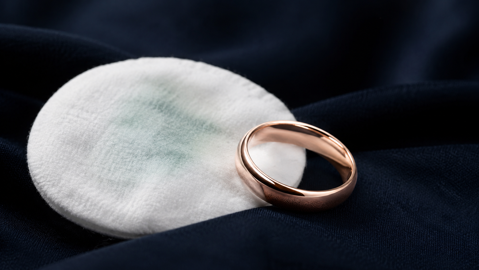 A rose gold band on a cloth beside a faint green smudge on a white cotton pad