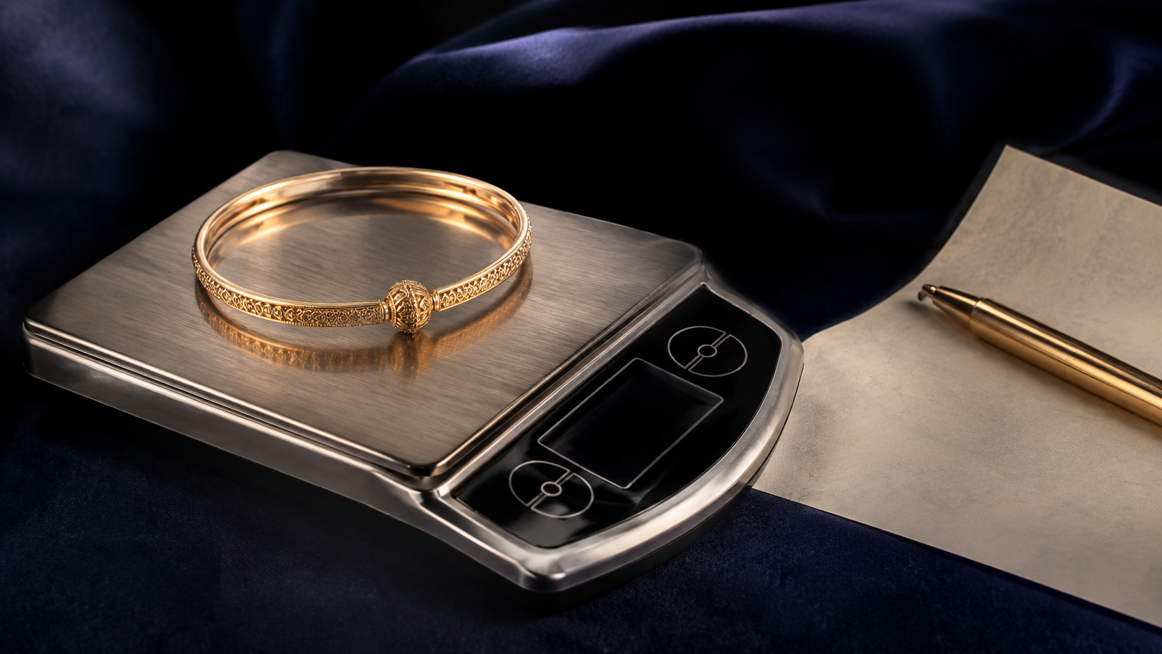 A small gold bangle resting on a digital jewellery scale beside a handwritten receipt