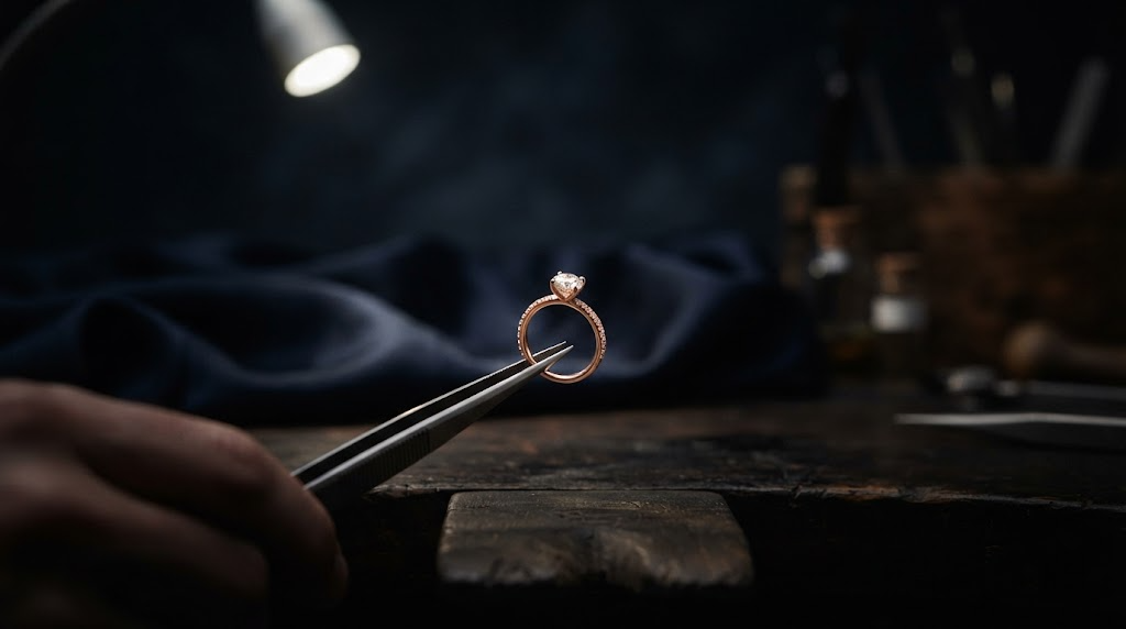 Jeweller's tweezers holding a ring under a work light