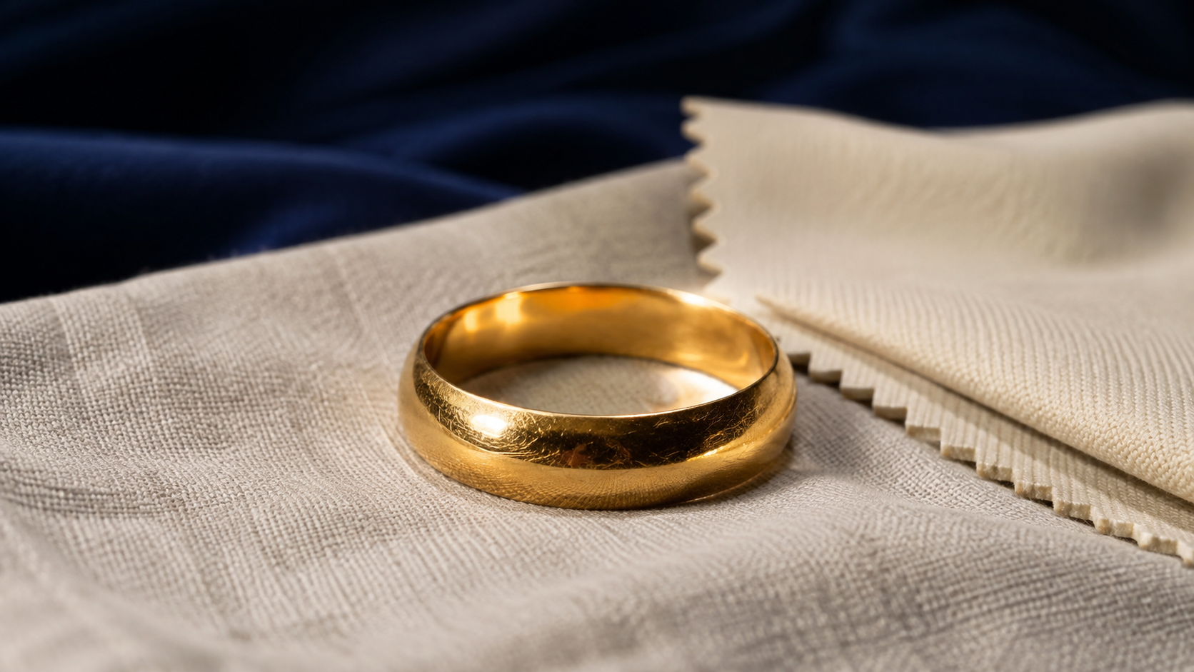 A plain gold wedding band with fine surface scratches on a linen cloth beside a polishing cloth