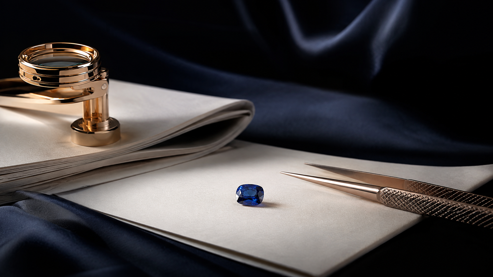 A loose blue sapphire on white paper beside a folded laboratory report and tweezers