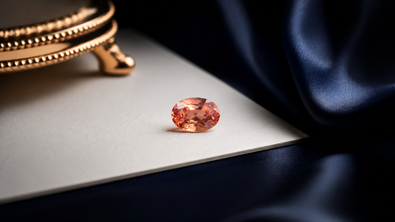 A loose oval pink-orange sapphire on a white gemstone paper in soft daylight