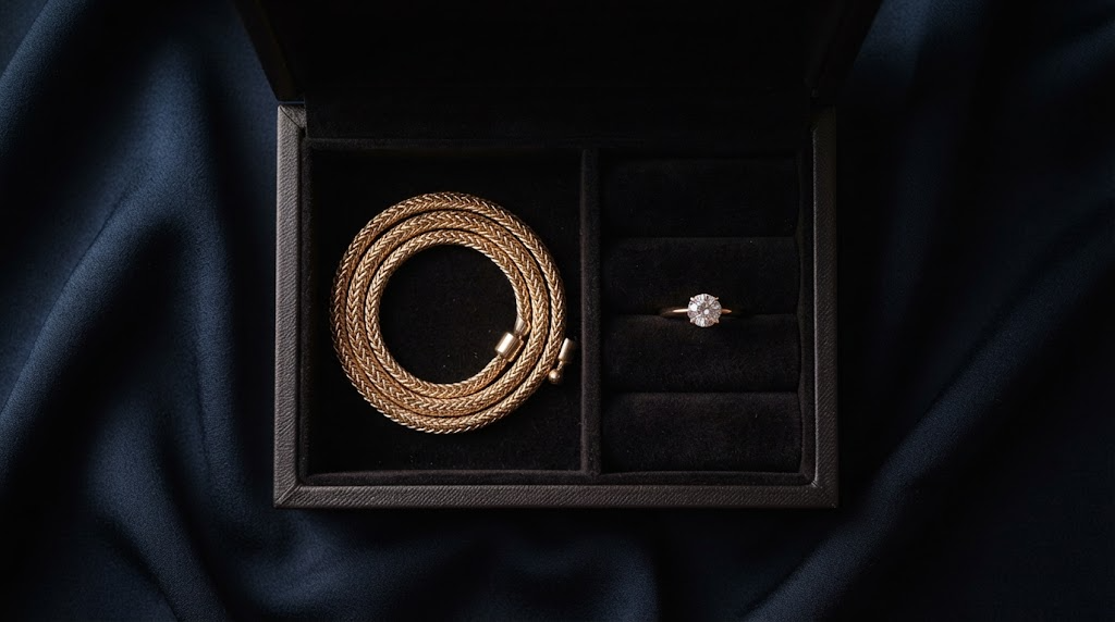 An open velvet-lined jewellery box with separate compartments