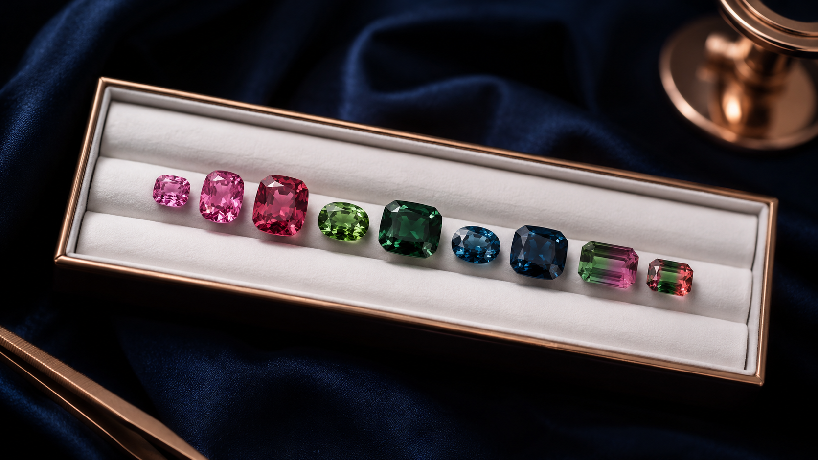 A row of loose tourmalines in pink, green, blue and bicolour on a white gemstone tray