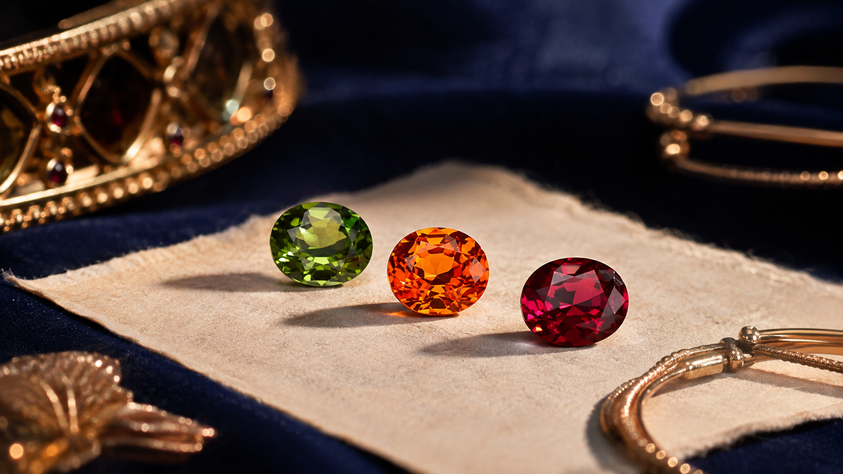 Three loose garnets in green, orange and purplish red arranged on a cream gemstone paper