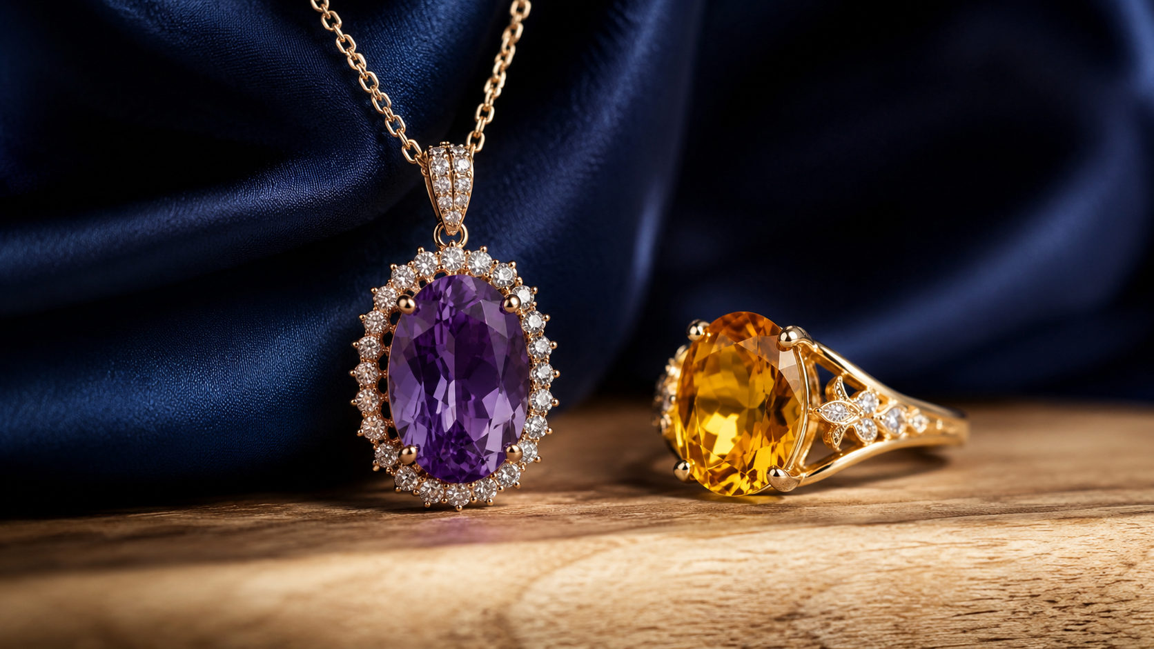 A deep purple amethyst pendant and a golden citrine ring on a pale wooden surface