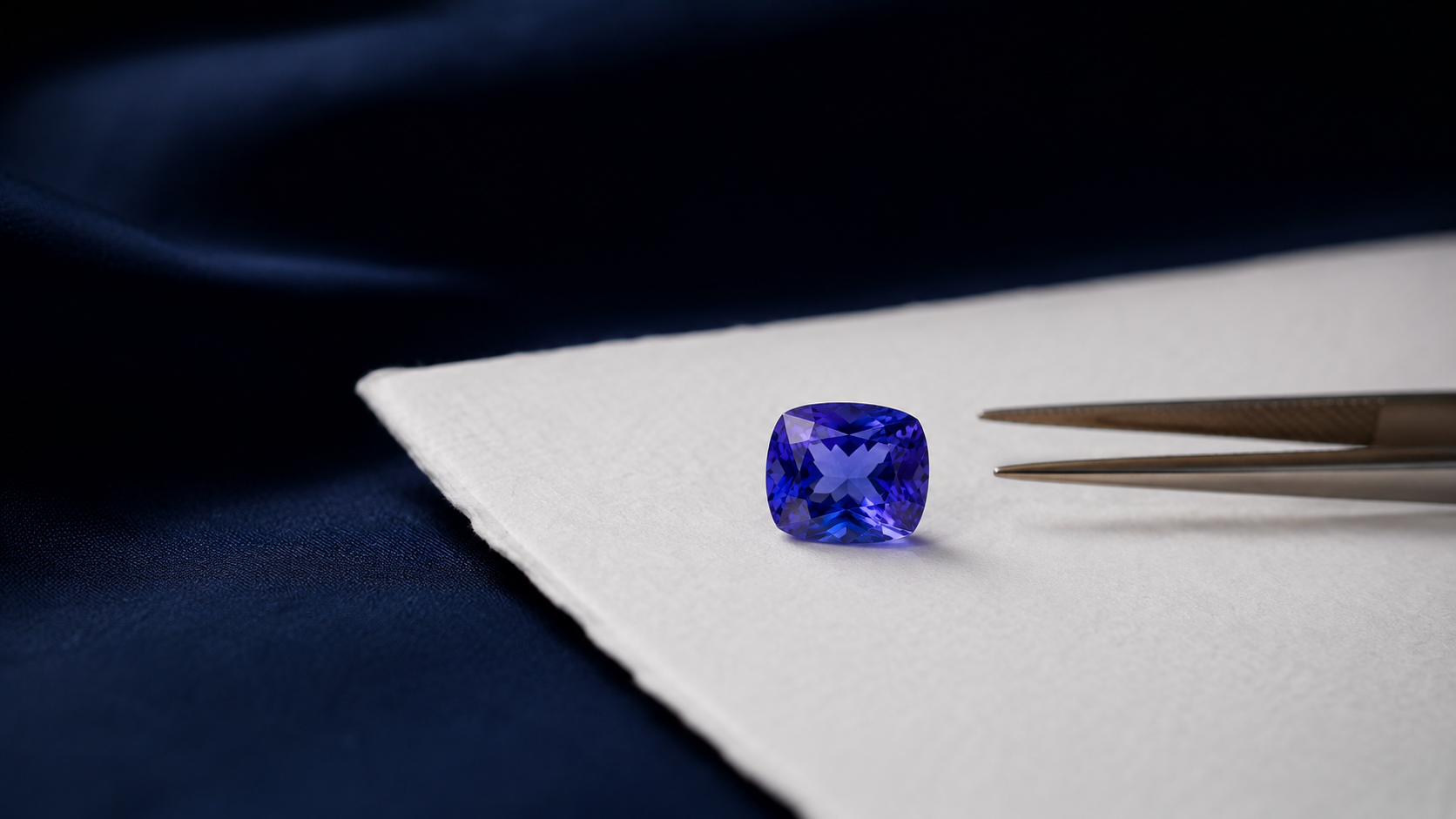 A loose cushion-cut blue-violet tanzanite on white paper beside a jeweller's tweezers