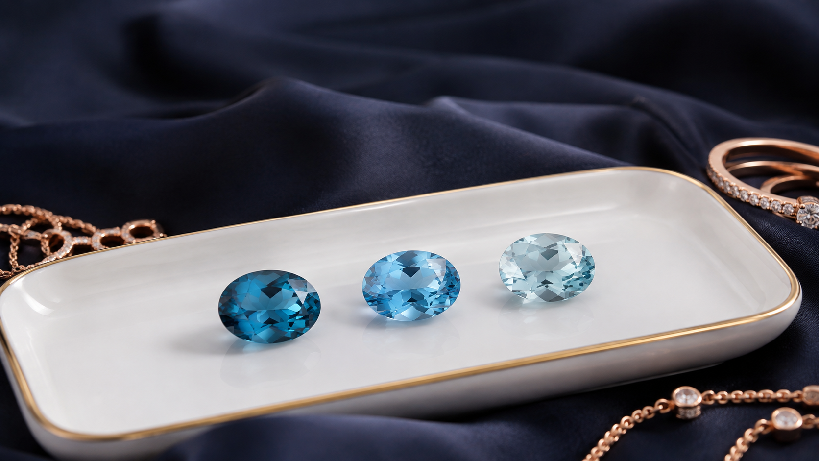 Three loose blue topaz stones in graded shades of blue on a white ceramic tray