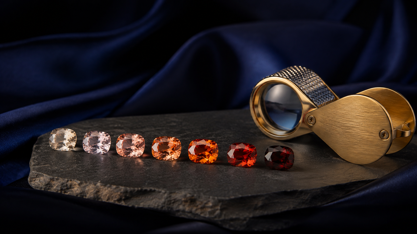 A row of loose gemstones arranged on a slate tile from pale to dark, with a jeweller's loupe beside them