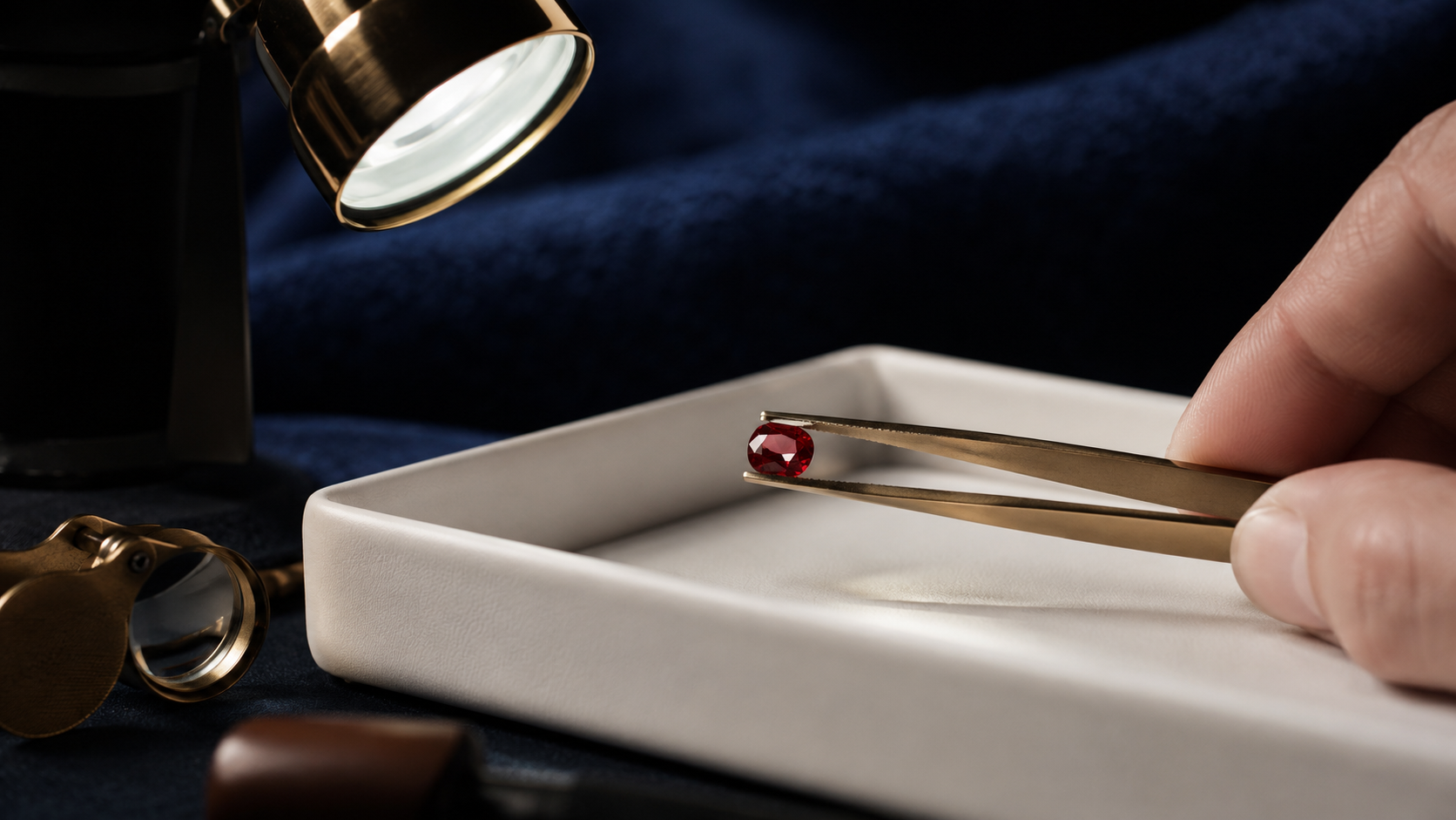 A loose ruby held in tweezers over a white gemmological tray under a bright lamp