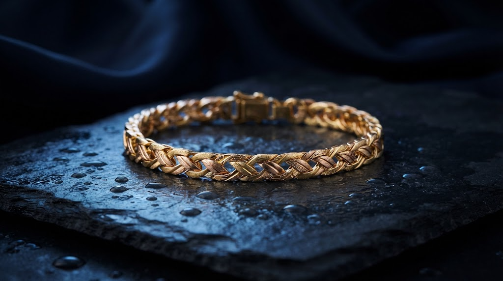 A gold bracelet on a wet dark slate surface
