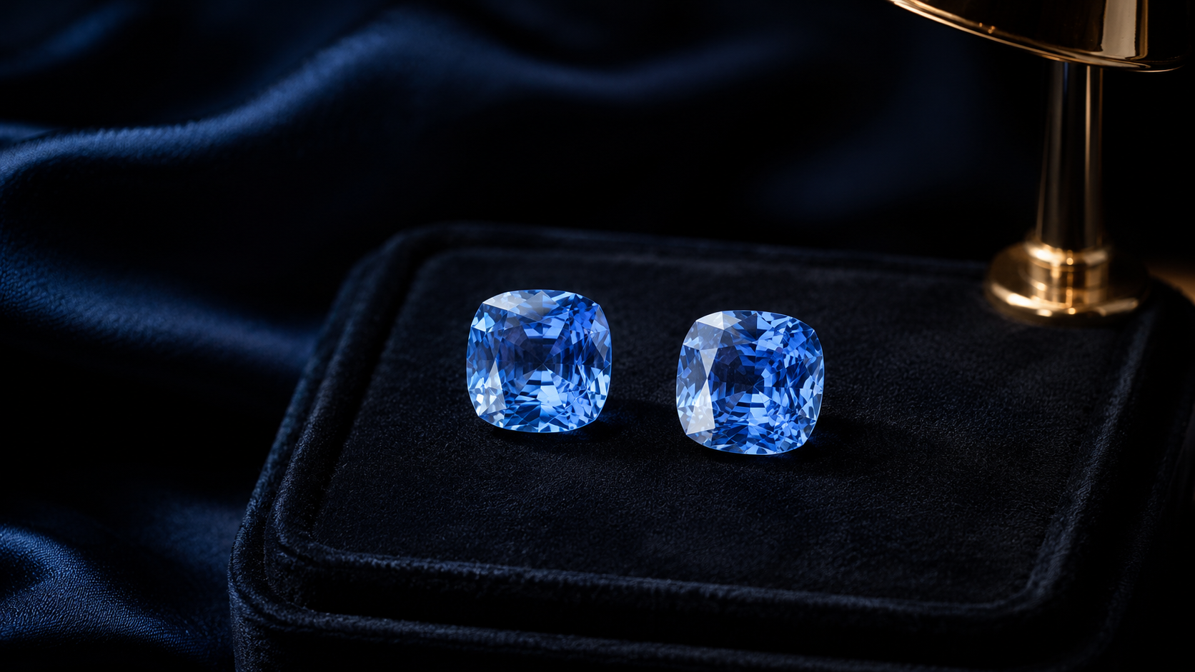 Two similar-looking blue stones side by side on a black velvet pad under a lamp