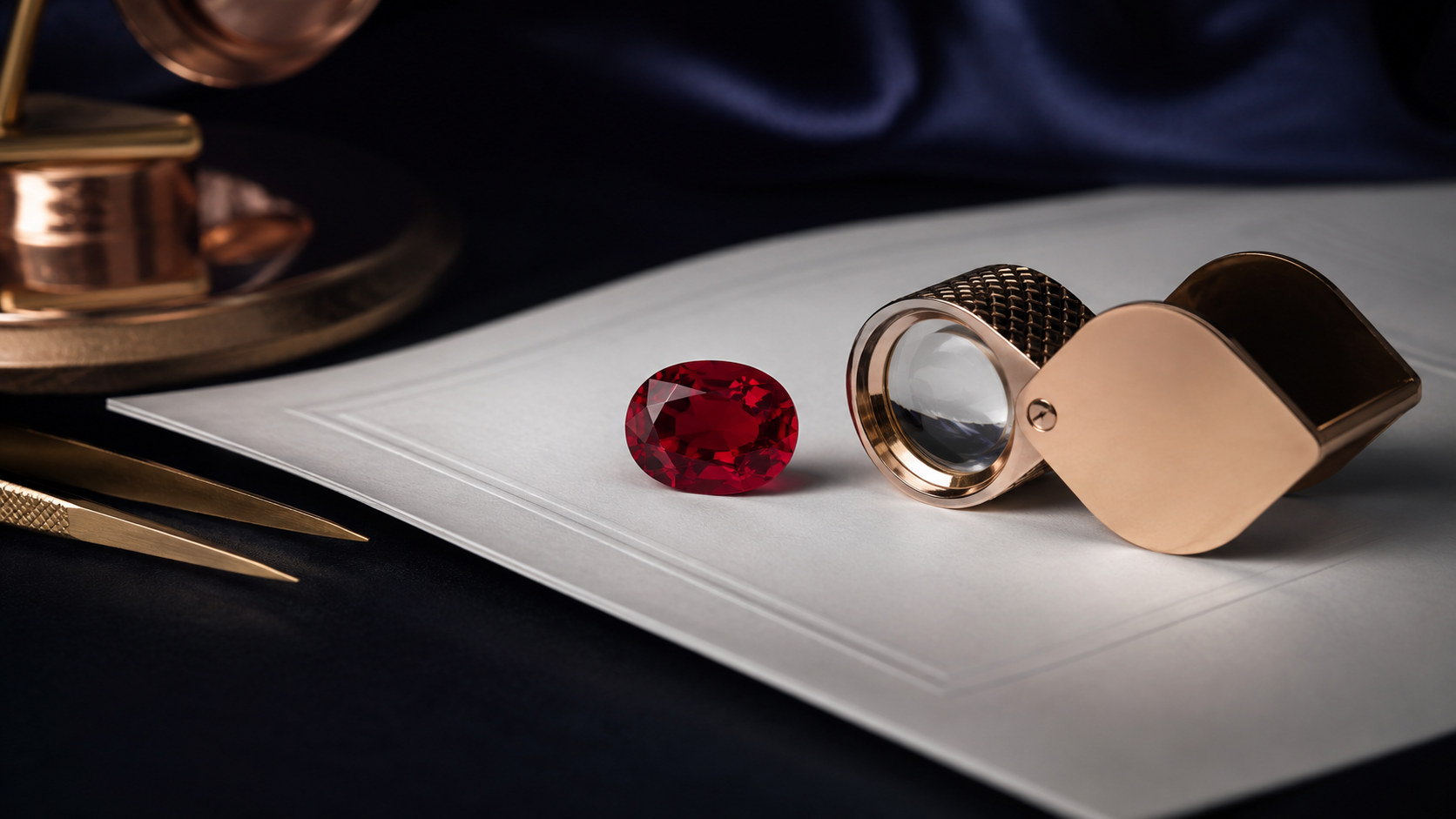 A printed laboratory report lying beside a loose red gemstone and a loupe on a desk
