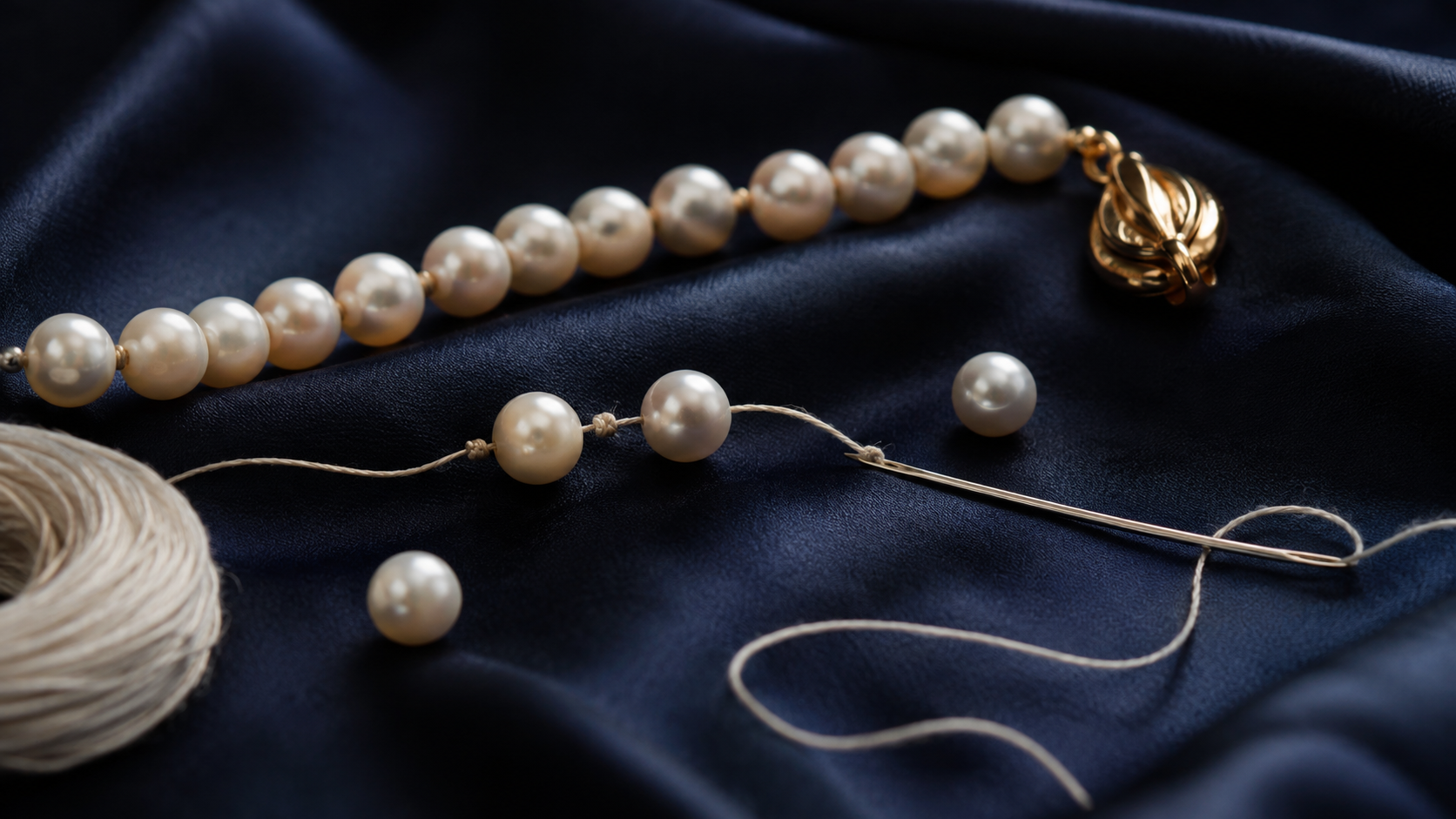 A strand of white pearls partly unstrung on a cloth with a needle, silk thread and small knots visible
