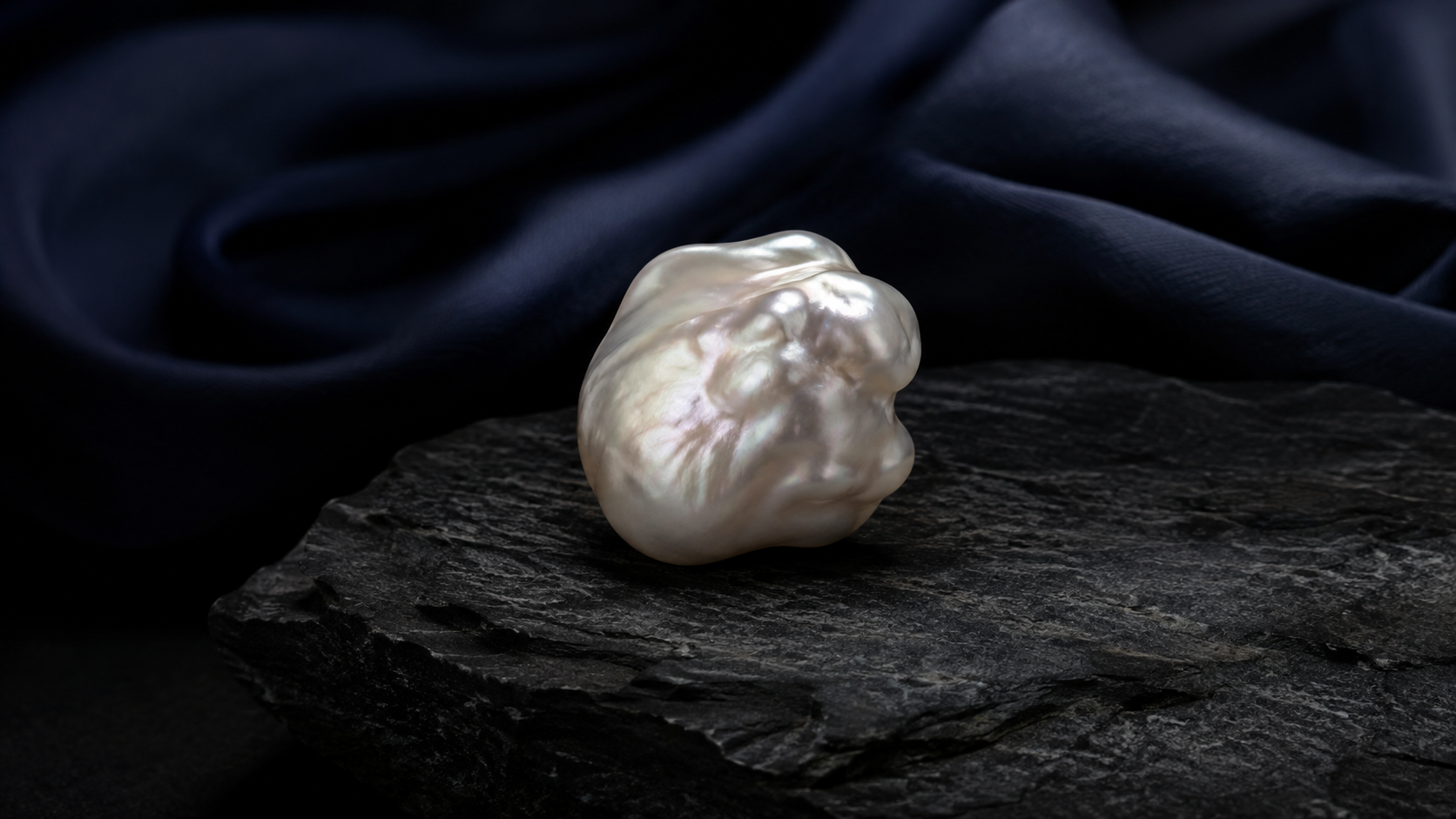 A single large irregular white baroque pearl with rippled surface resting on dark stone