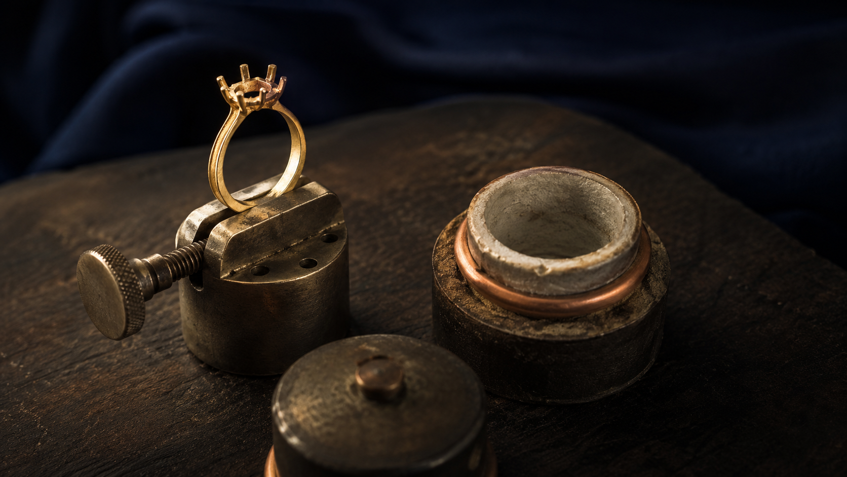 A jeweller's bench with a half-finished gold ring shank held in a clamp beside a small casting flask