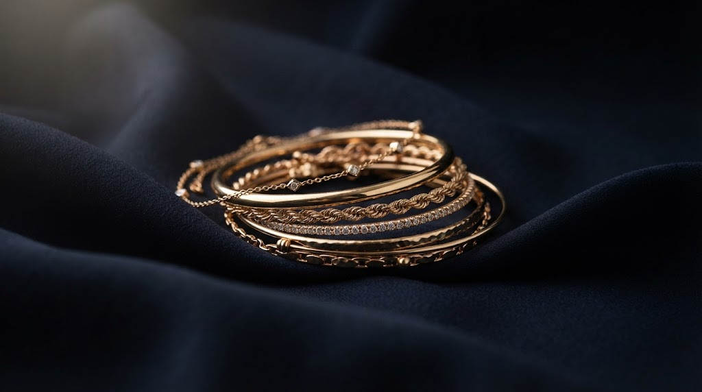 Fine gold bracelets stacked on deep navy silk