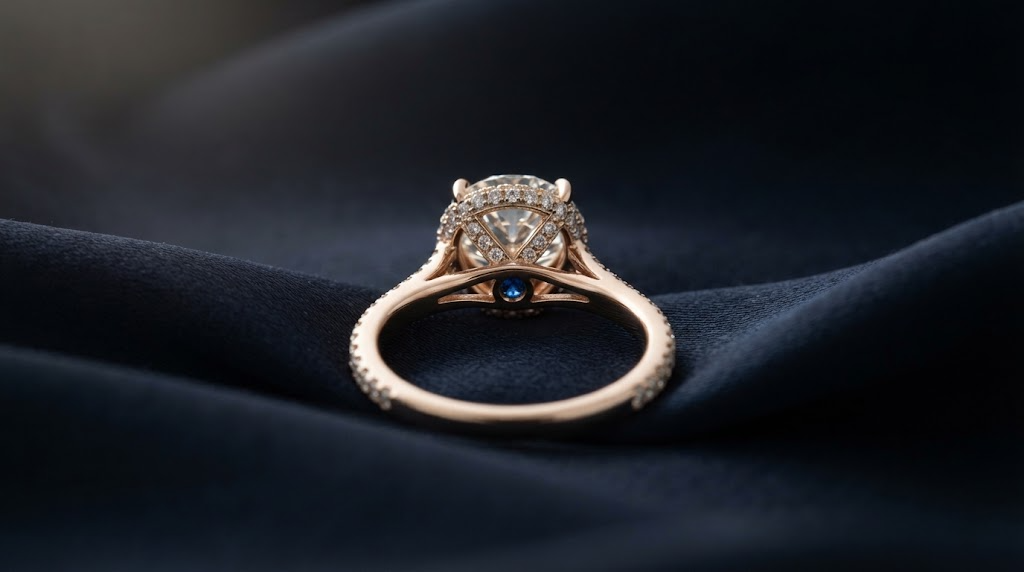 An engagement ring viewed from the side and slightly below, showing a small blue stone set into the underside of the setting