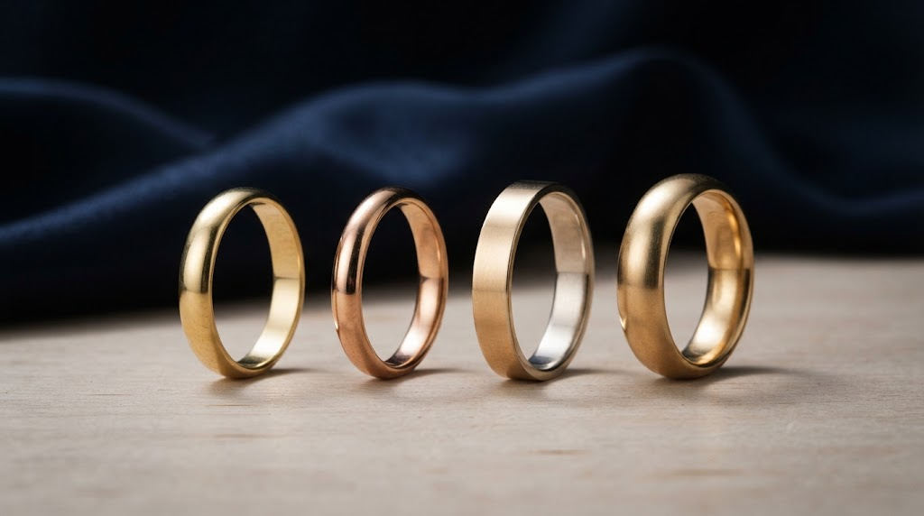 Four plain gold wedding bands standing on edge in a row on a pale wooden surface, showing different cross-section shapes