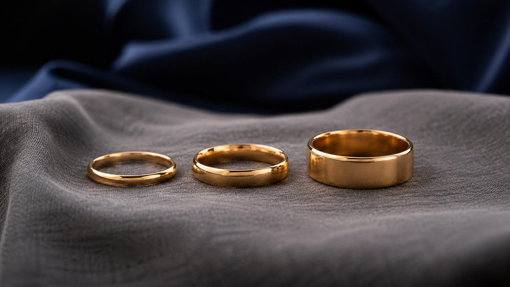 Three plain gold bands of increasing width laid side by side on a grey linen cloth
