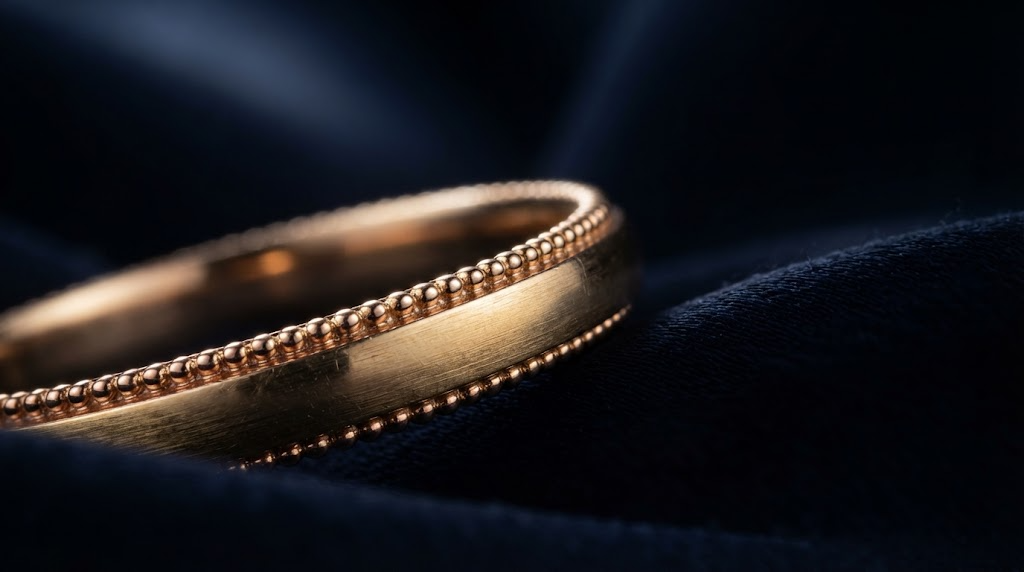Close-up of a gold ring edge with a fine row of beaded milgrain catching the light