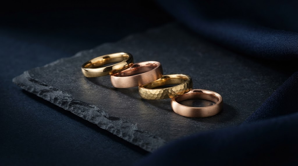 Four gold bands with different surface finishes arranged on a dark slate tile