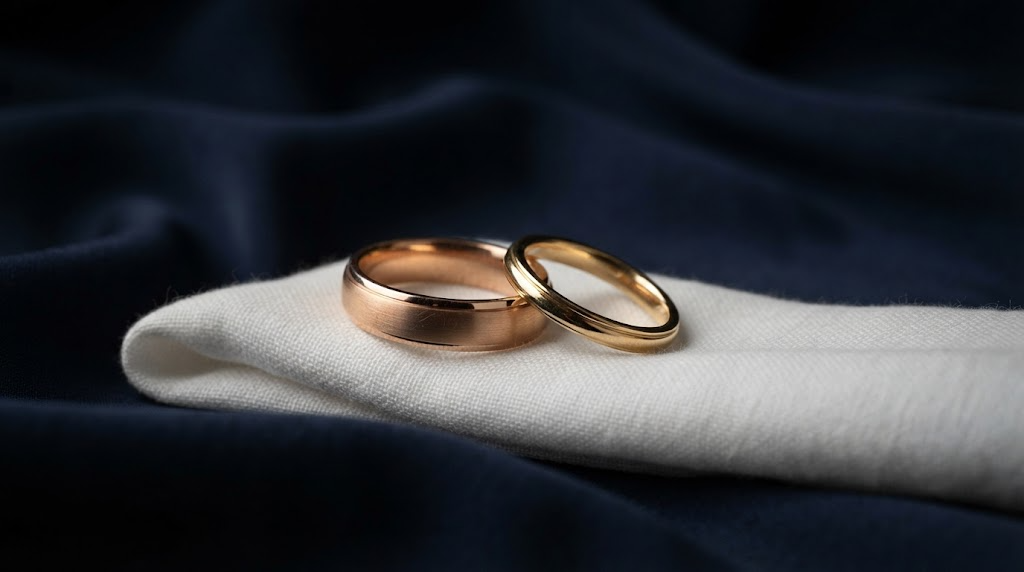 Two gold wedding bands of different widths resting together on a folded white cloth