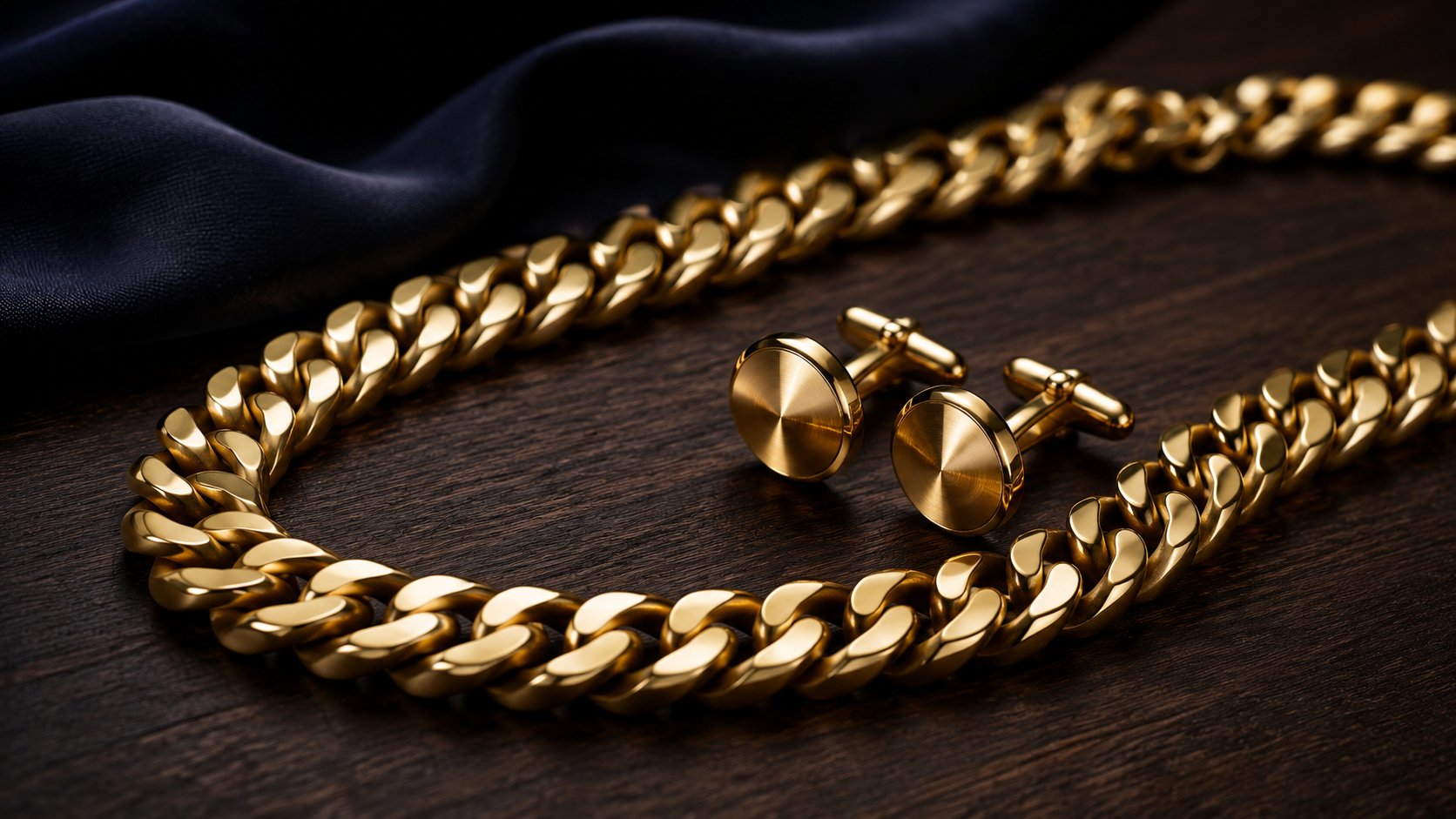 A heavy gold curb chain and a pair of gold cufflinks on a dark wooden desk