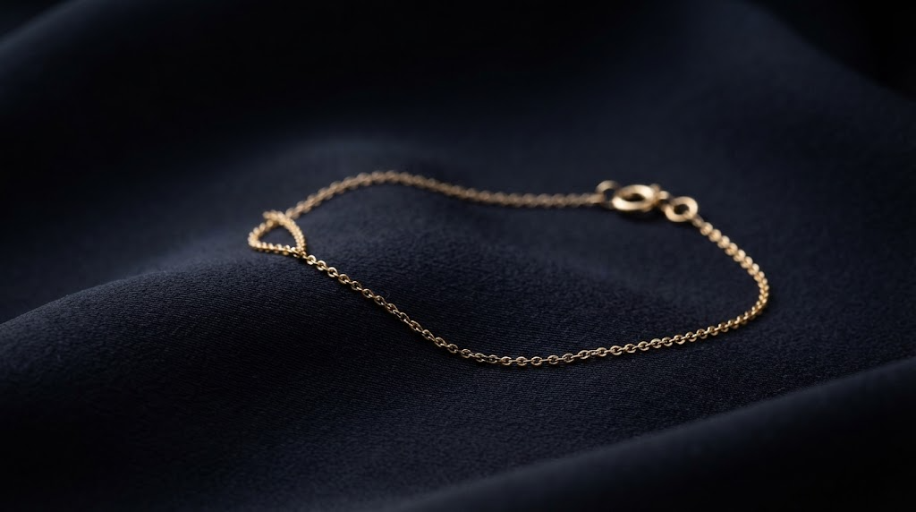 A very fine delicate gold chain bracelet on dark silk