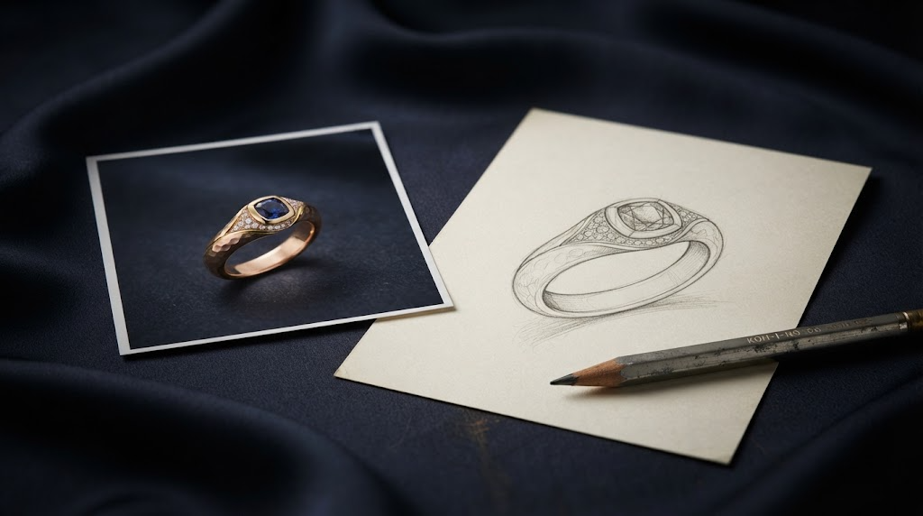 A printed photograph of a ring beside a hand-drawn sketch and a pencil on a workbench